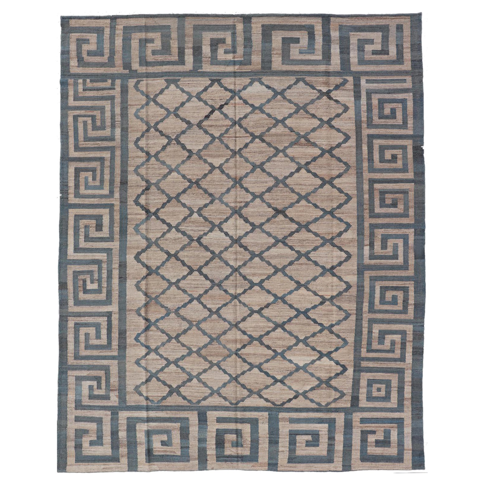 Hand-Woven Flatweave Kilim in Wool with Geometric Diamond & Greek Key Design For Sale