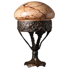 Art Nouveau Copper and Marbled Glass Table Lamp