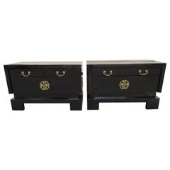 Magnificent Pair Glossy Black Chinoiserie Night Stands Mid-Century Modern