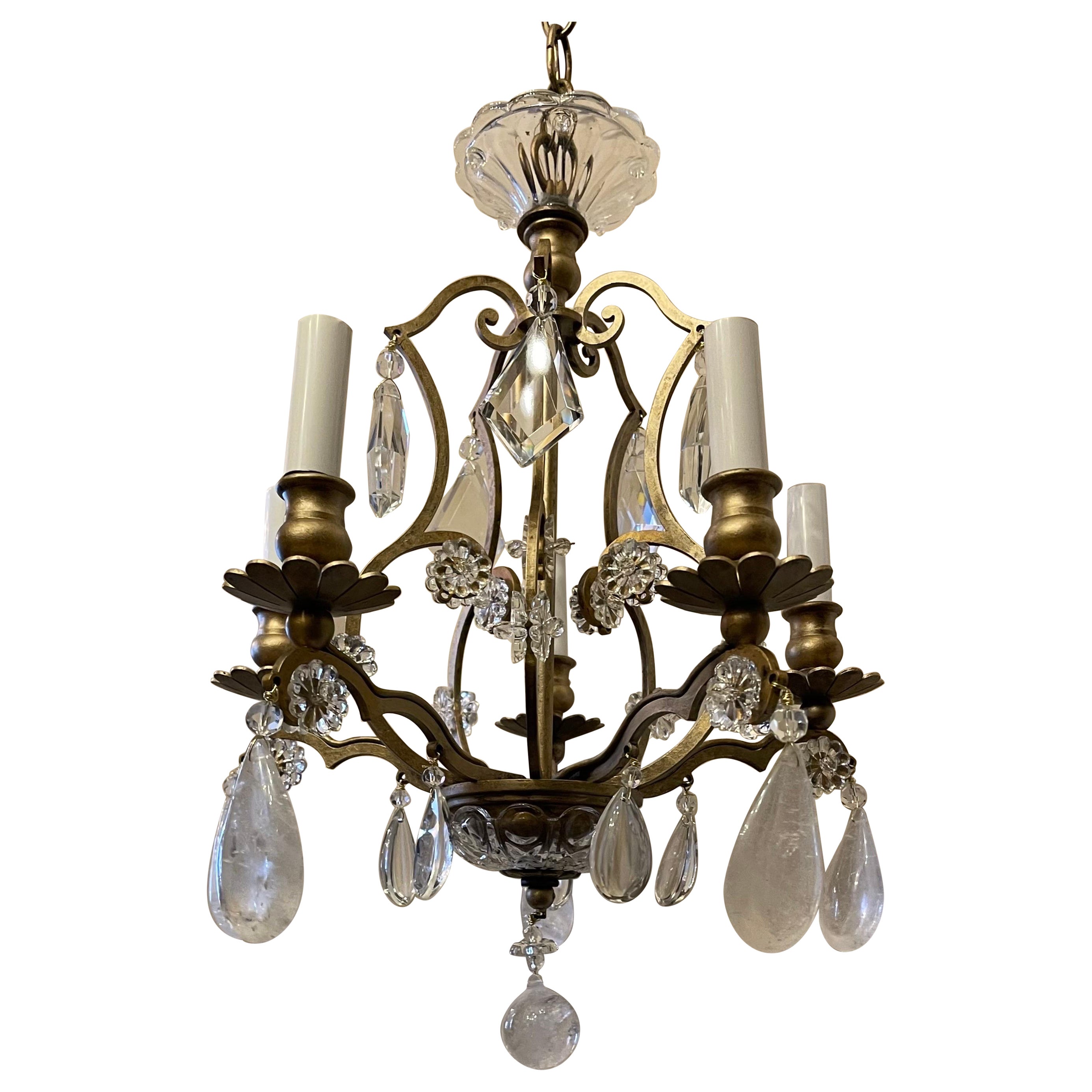 Wonderful Baguès Rock Crystal Beaded Flower Petite Gold Gilt Chandelier Fixture