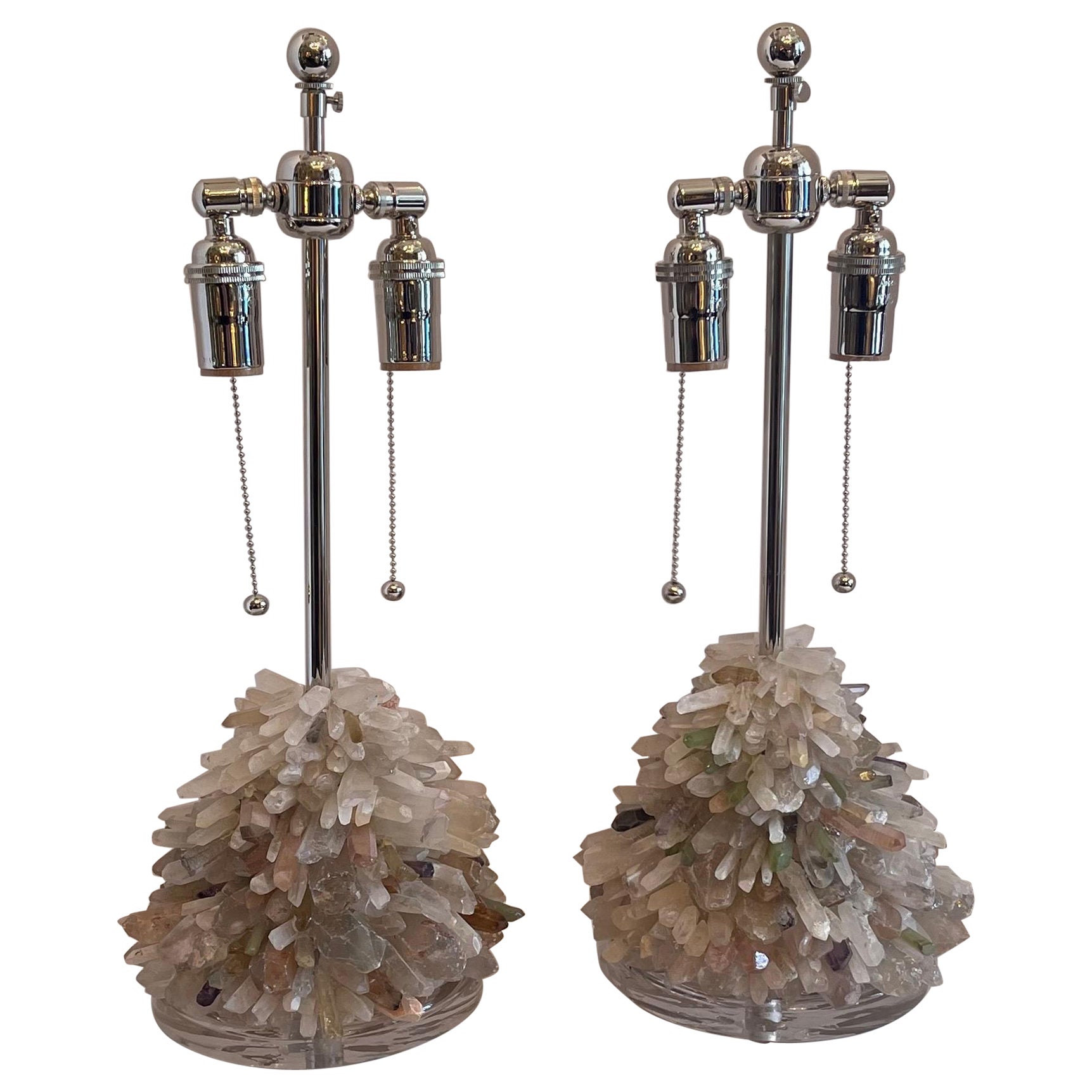 Wonderful Pair Rock Crystal Candy Brazilian Multi Quartz Lucite Table Lamps For Sale