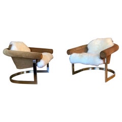 Pair of Suede Sling Lounge Chairs with Sheep Skin Covers