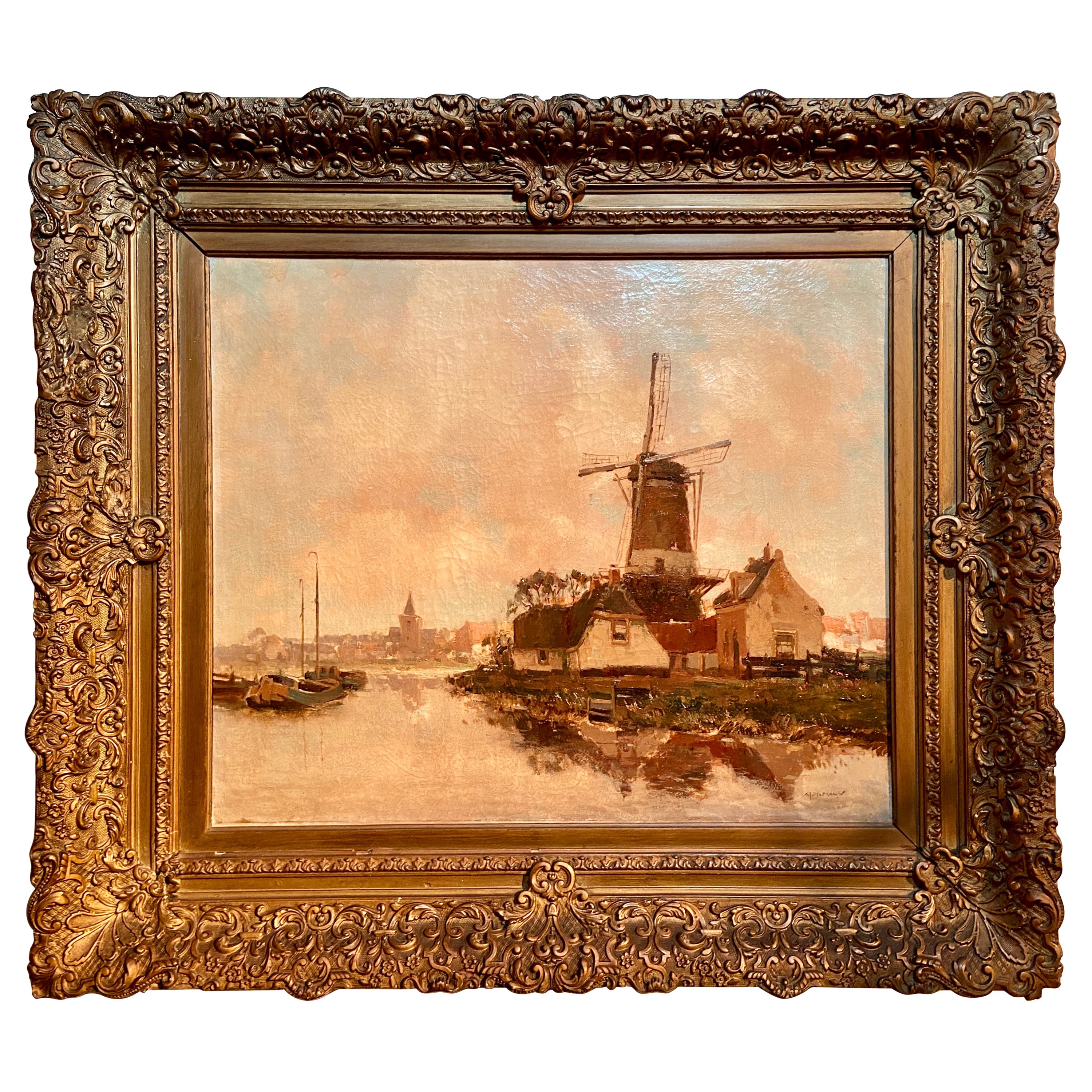 Ancienne peinture à l'huile néerlandaise du 19ème siècle représentant un moulin à vent signée « G. J. Delfgauw »