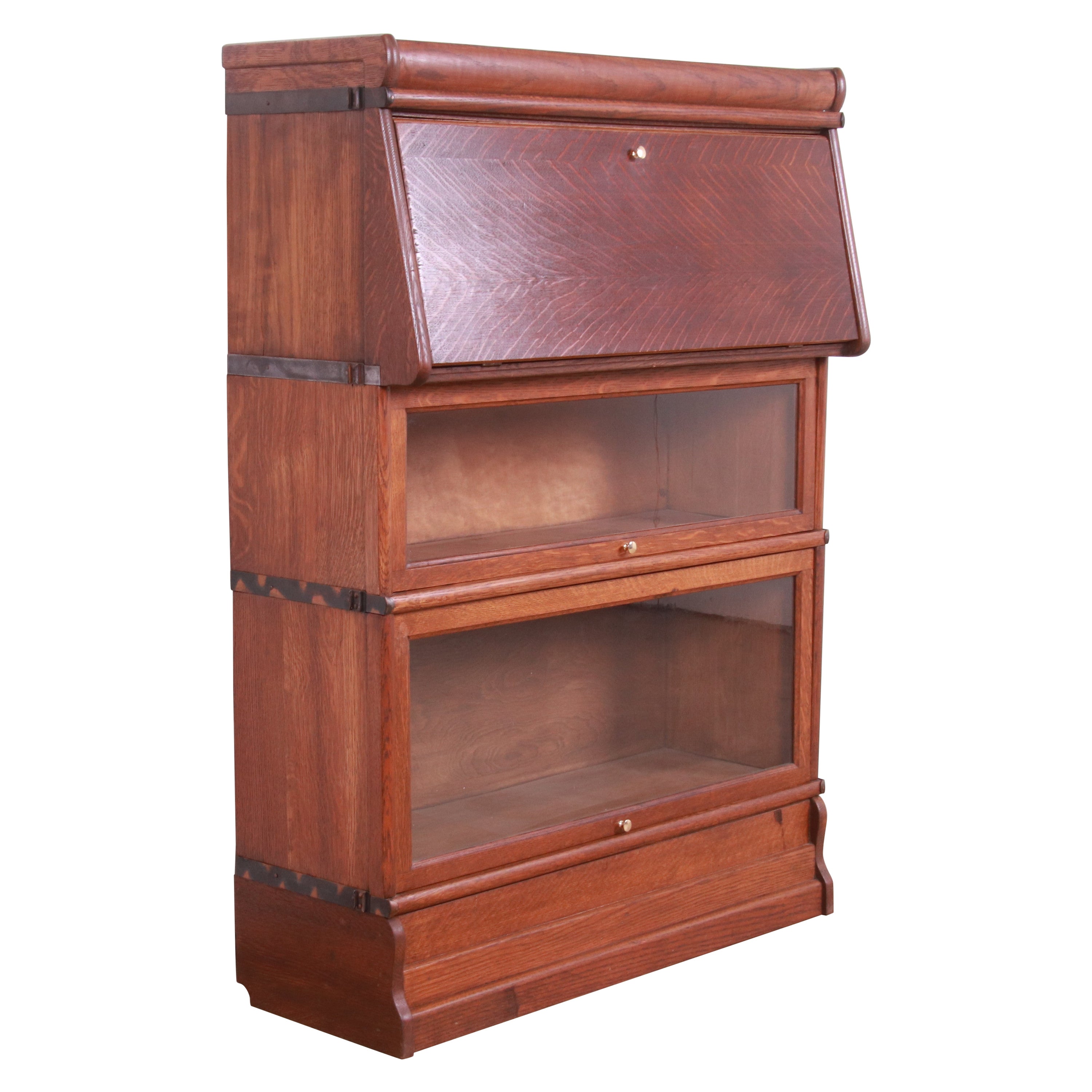 Arts & Crafts Oak Barrister Bookcase with Drop Front Secretary Desk, circa 1920s For Sale
