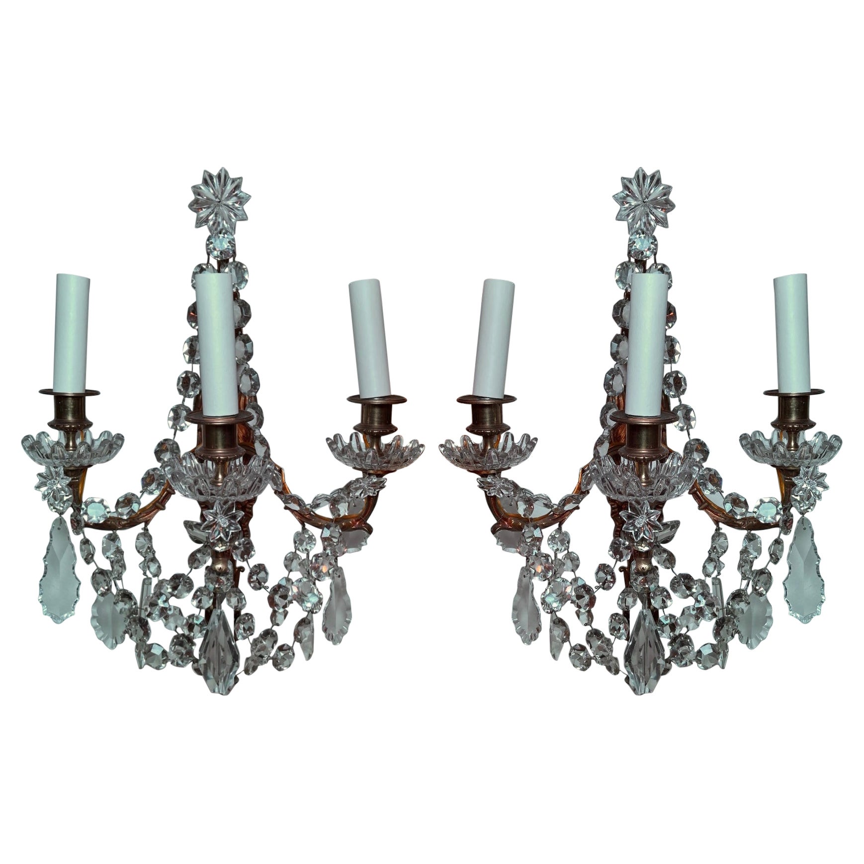 Pair Antique French Louis XVI Gold Bronze and Crystal Wall Sconces, Circa 1890