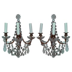 Pair Antique French Louis XVI Gold Bronze and Crystal Wall Sconces, Circa 1890