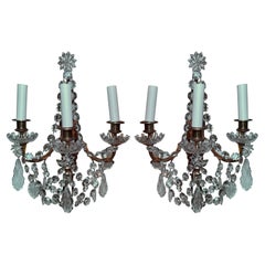 Pair Antique French Louis XVI Gold Bronze and Crystal Wall Sconces, Circa 1890