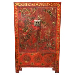 19th Century Red Lacqured Chinese Cabinet with Gilt Decoration