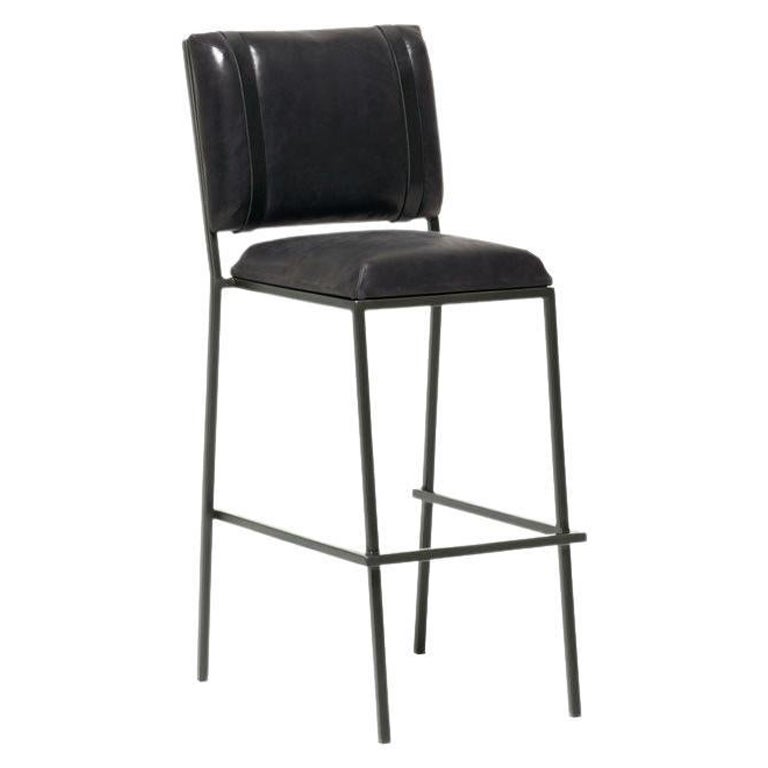 Black Leather & Blackened Steel Barstool