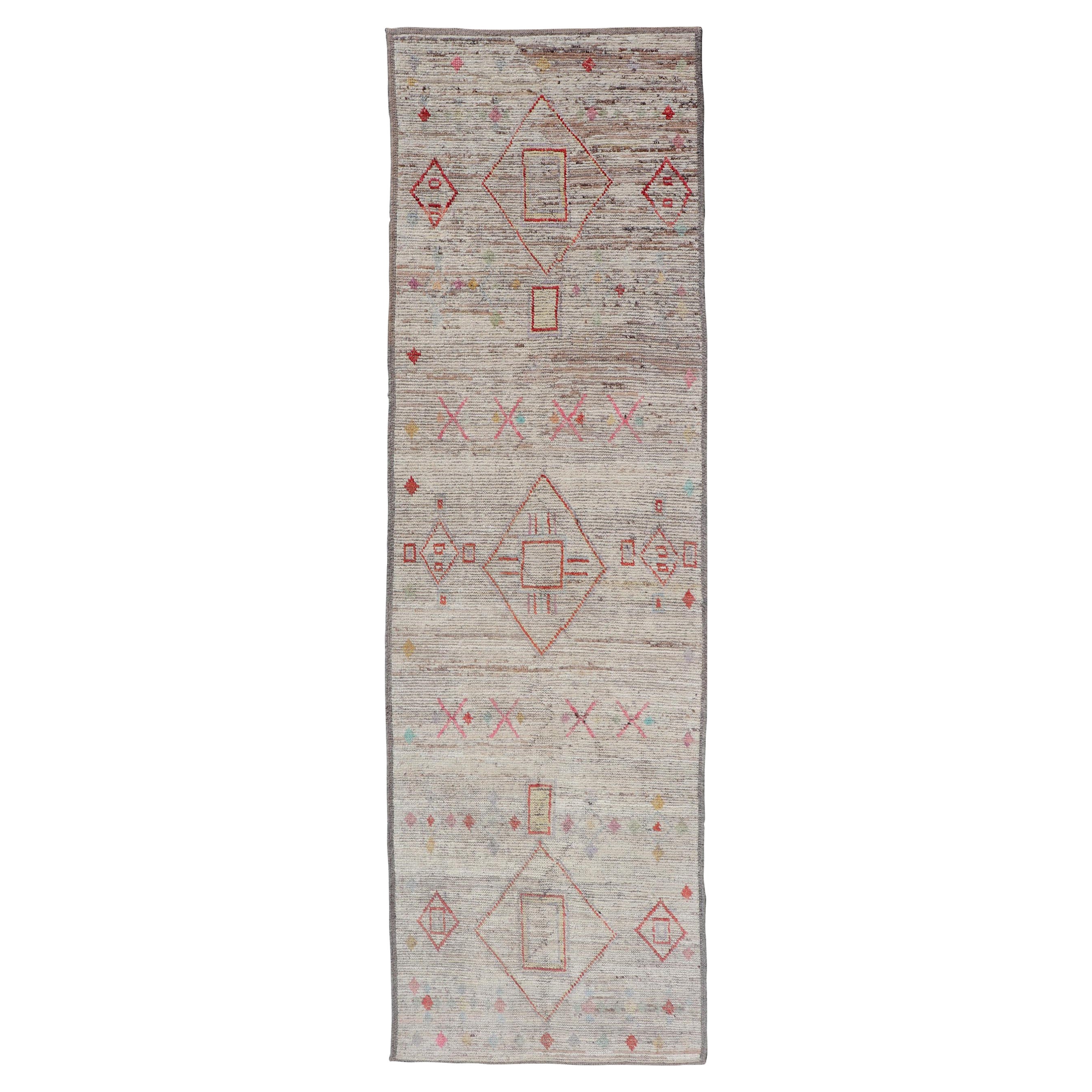 Modern Hand-Knotted Runner in Wool with Sub-Geometric Design in Multicolor For Sale