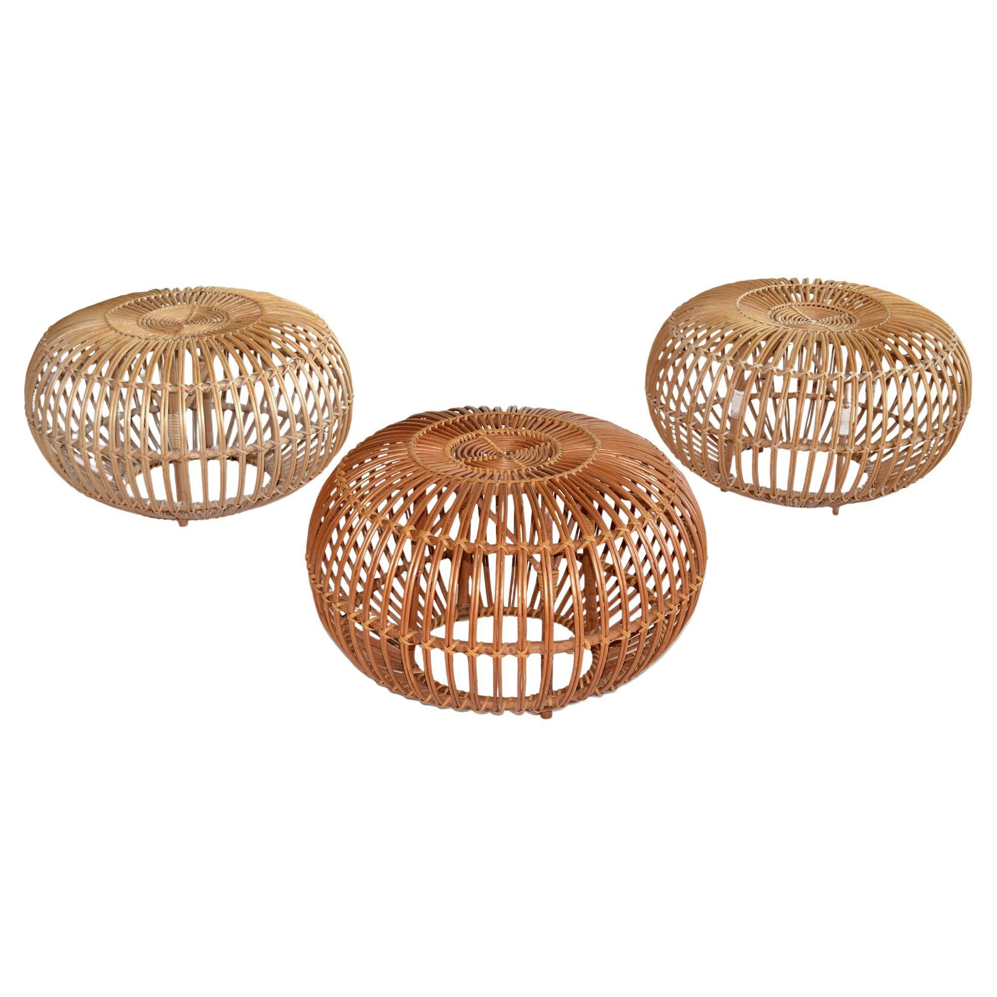 Set of Three Rattan Ottomans, Poufs or Stools by Franco Albini Italy, 1960s