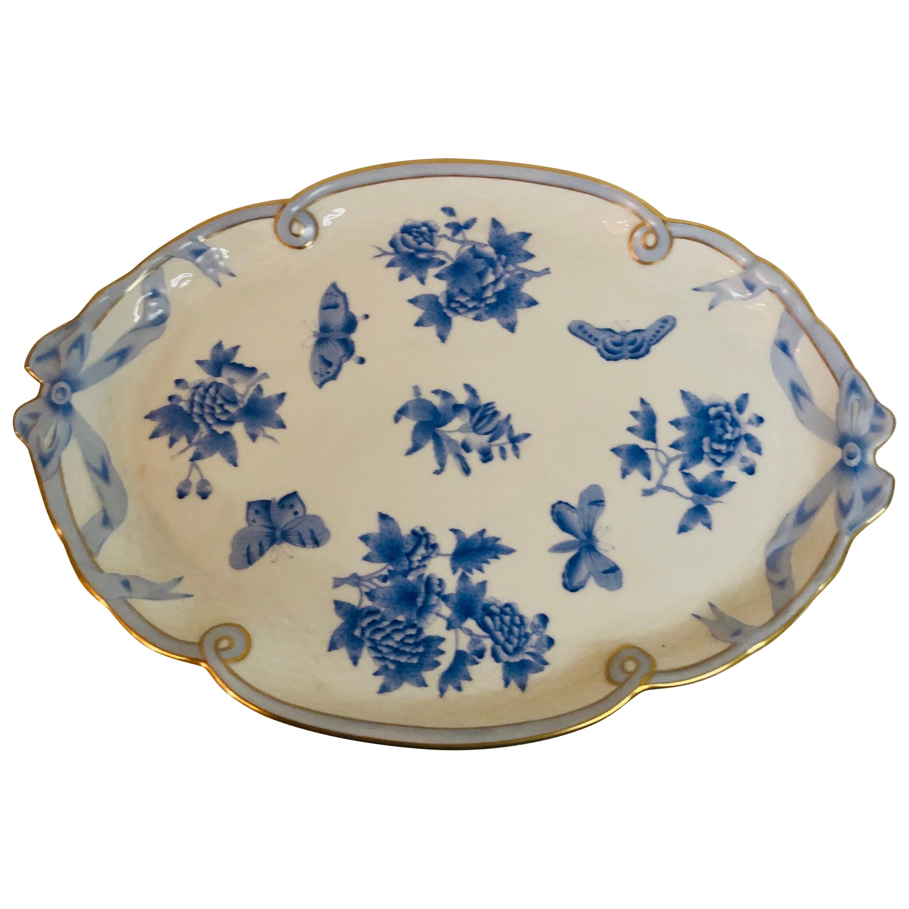 Herend Fortuna Serving or Tea Tray with Butterflies and Flowers and Bow Handles For Sale