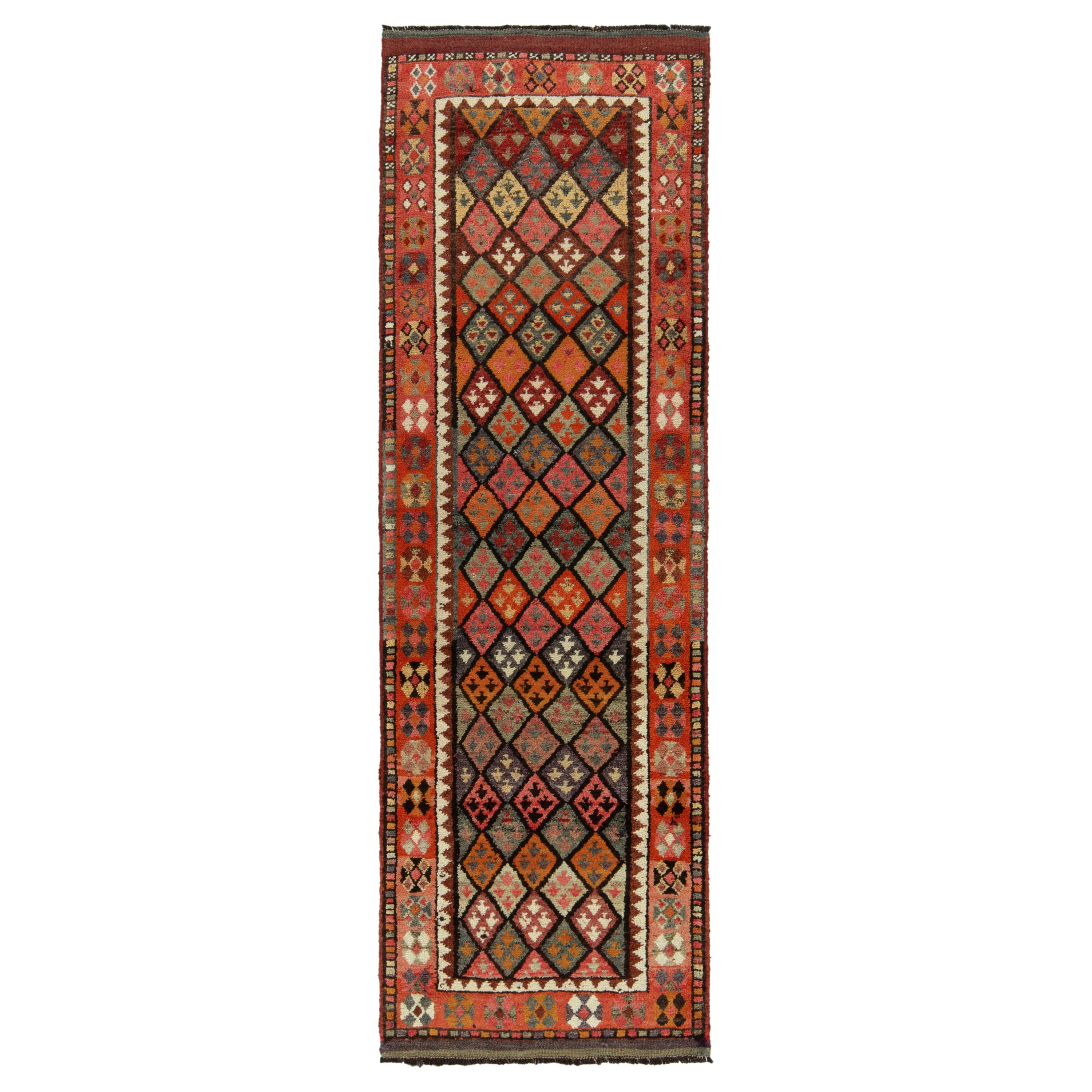 1950s Multicolor Vintage Tribal Runner Red with Geometric Pattern by Rug & Kilim