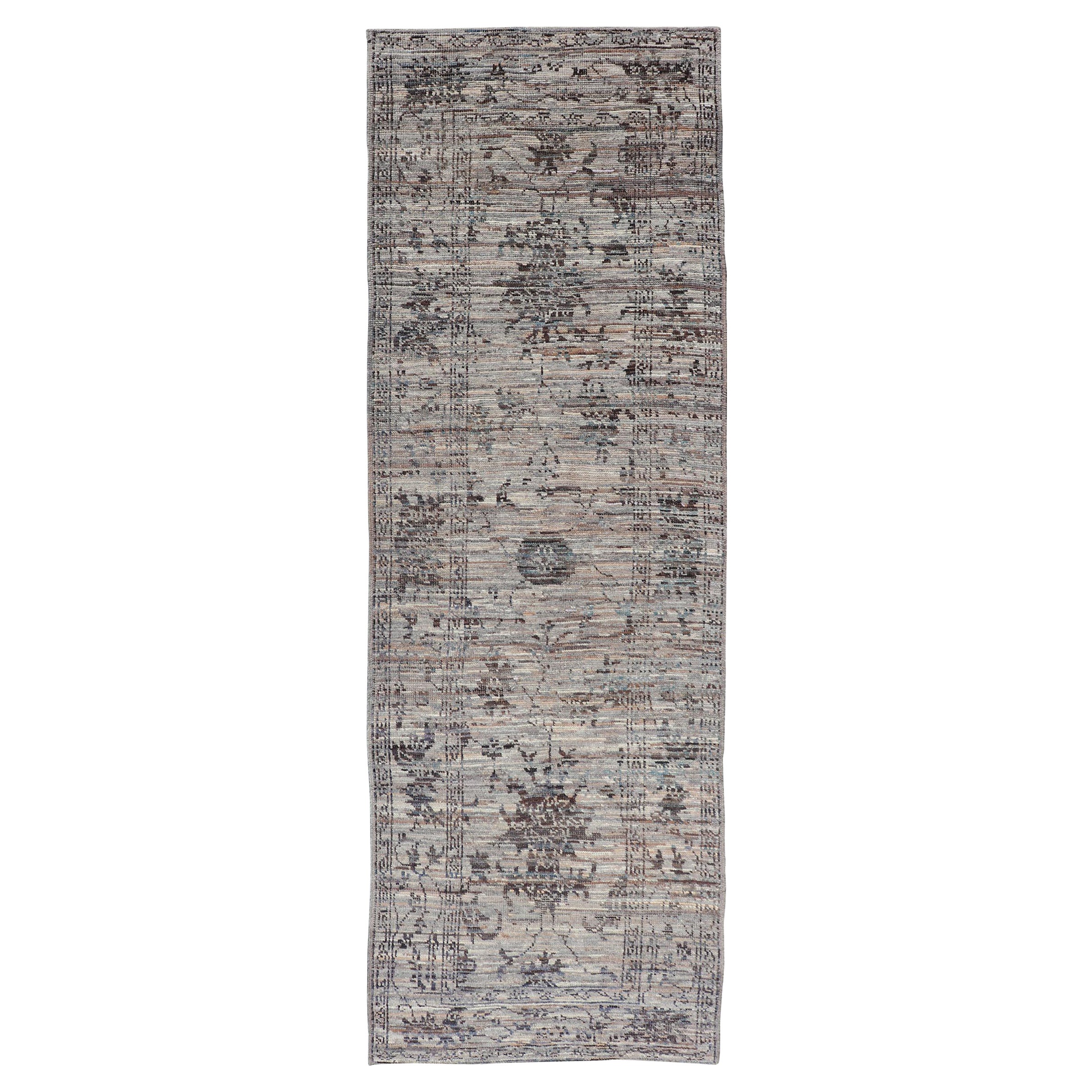 Modern Oushak Designed Runner in Wool with Floral Design in Earthy Tones For Sale