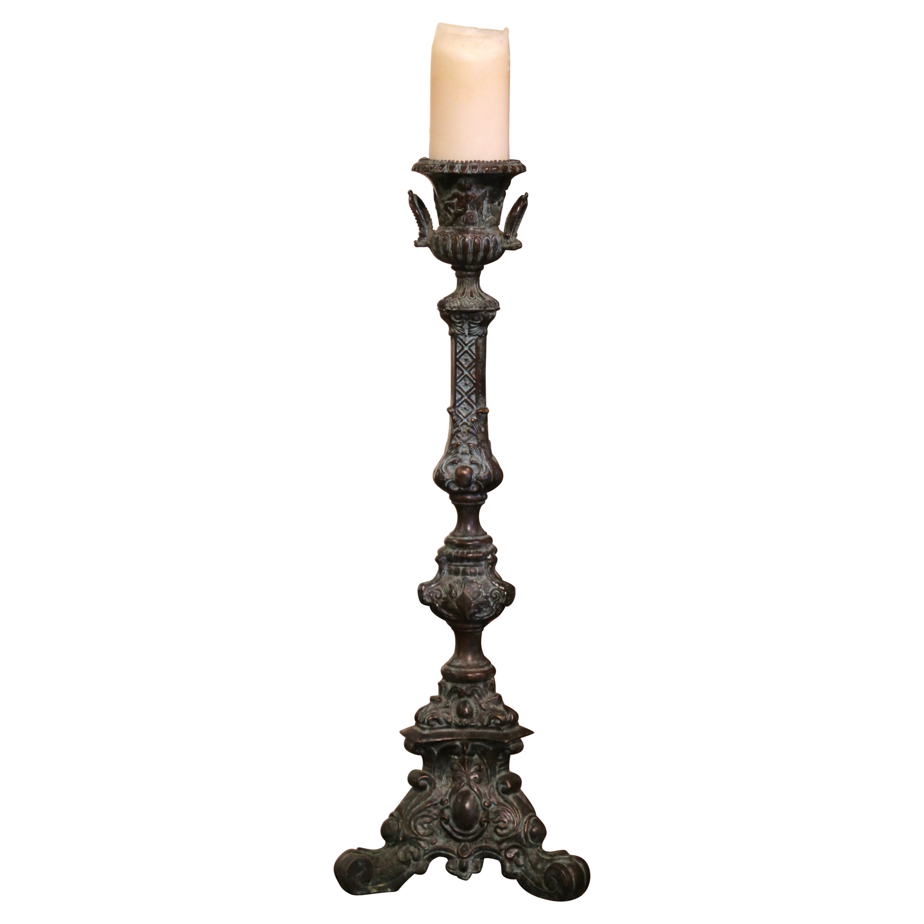 Mid-Century French Louis XV Patinated Verdigris Bronze Candle Holder