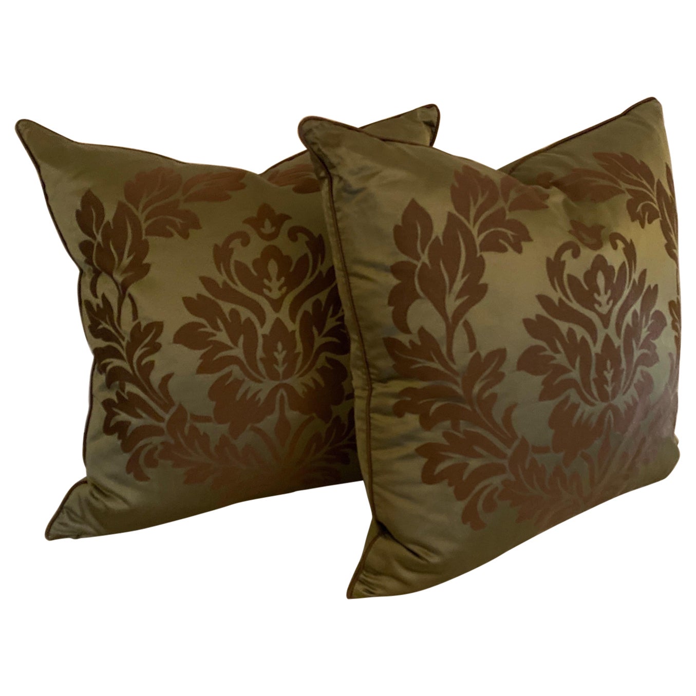Pair of Silk Damask Accent Pillows For Sale