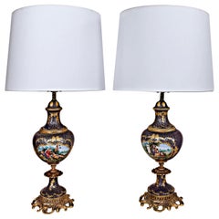 Cobalt Hand-Painted Gilt Porcelain Sevres Style Lamps, Pair