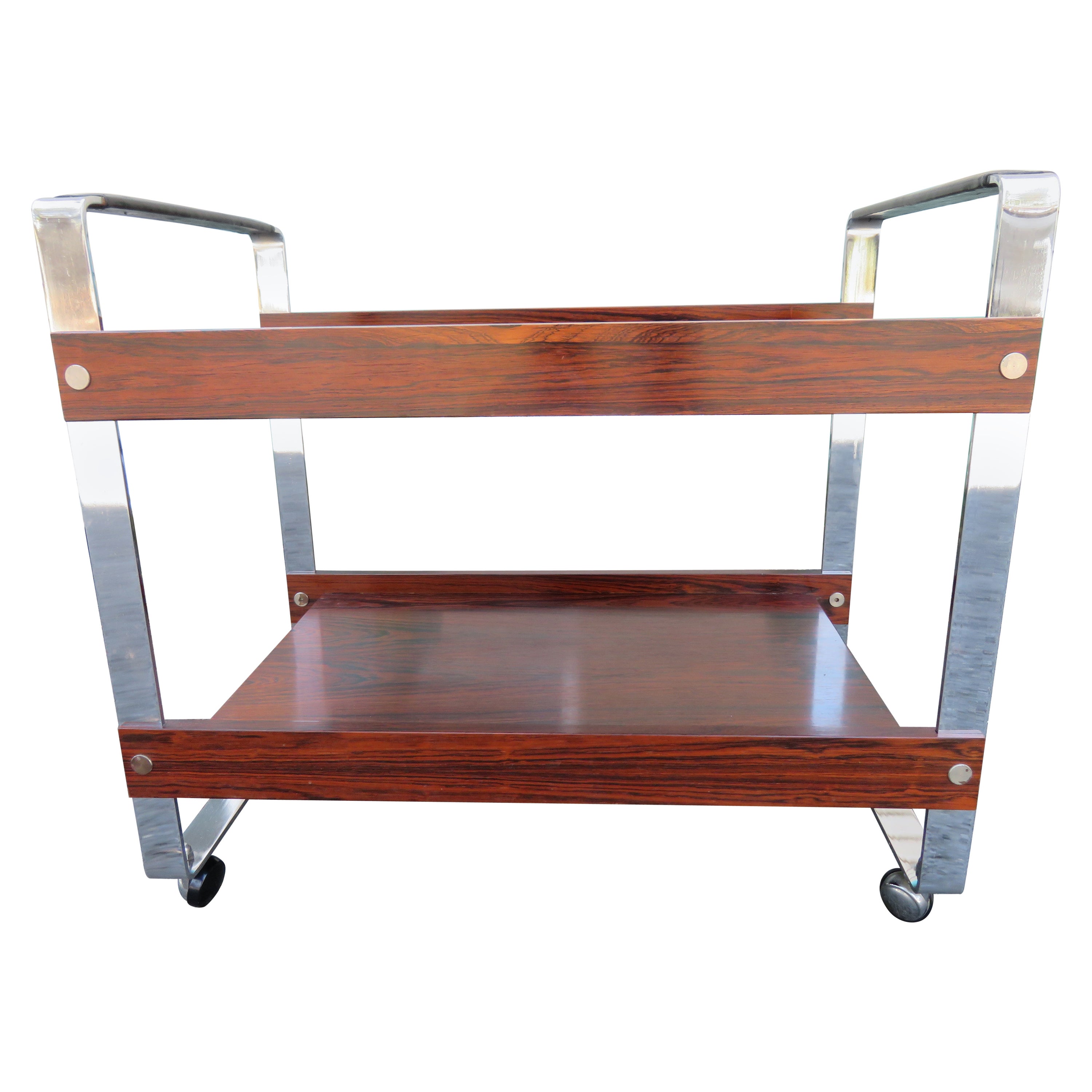 Stunning Rosewood and Chrome Rolling Bar Cart Richard Young Mid-Century Modern For Sale