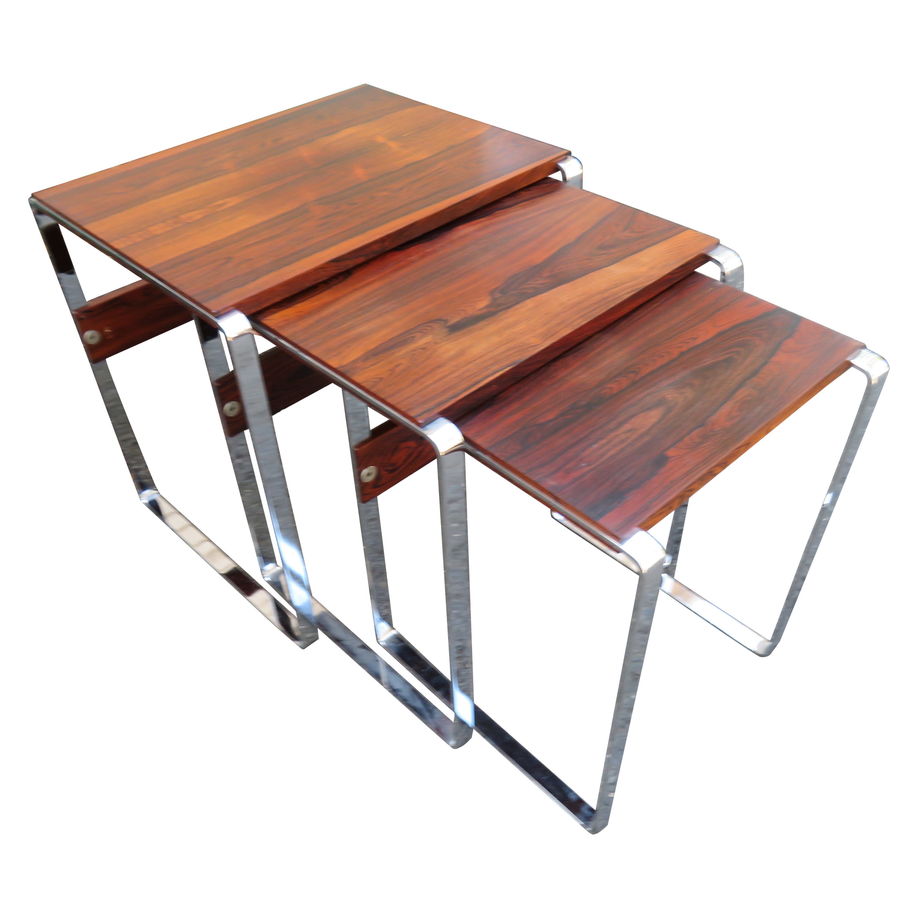 Fabulous Rosewood Chrome Nesting Stacking Tables Richard Young Mid-Century For Sale