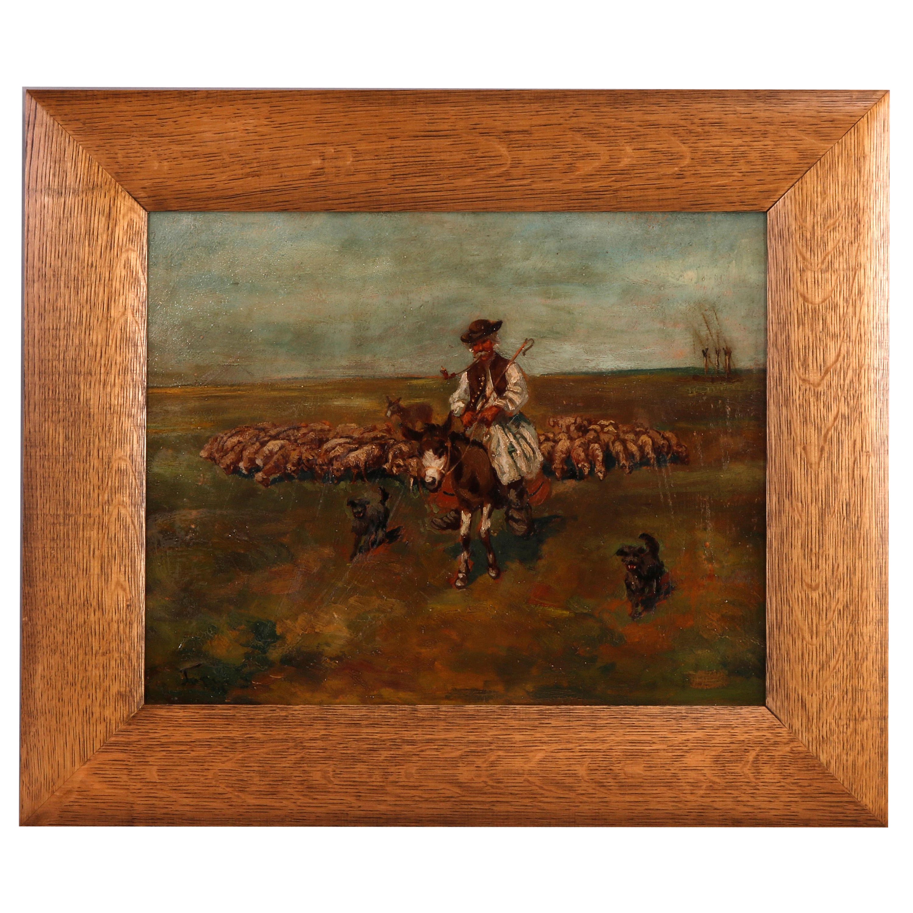 Peinture ancienne à l'huile sur panneau représentant un berger, un mouton et un chien, signée par l'artiste, XIXe siècle