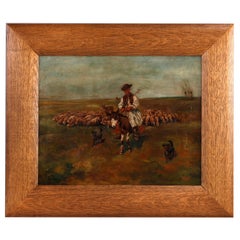 Antique Oil on Board Painting of Shepherd, Sheep & Dog, Artist Signed, 19th C