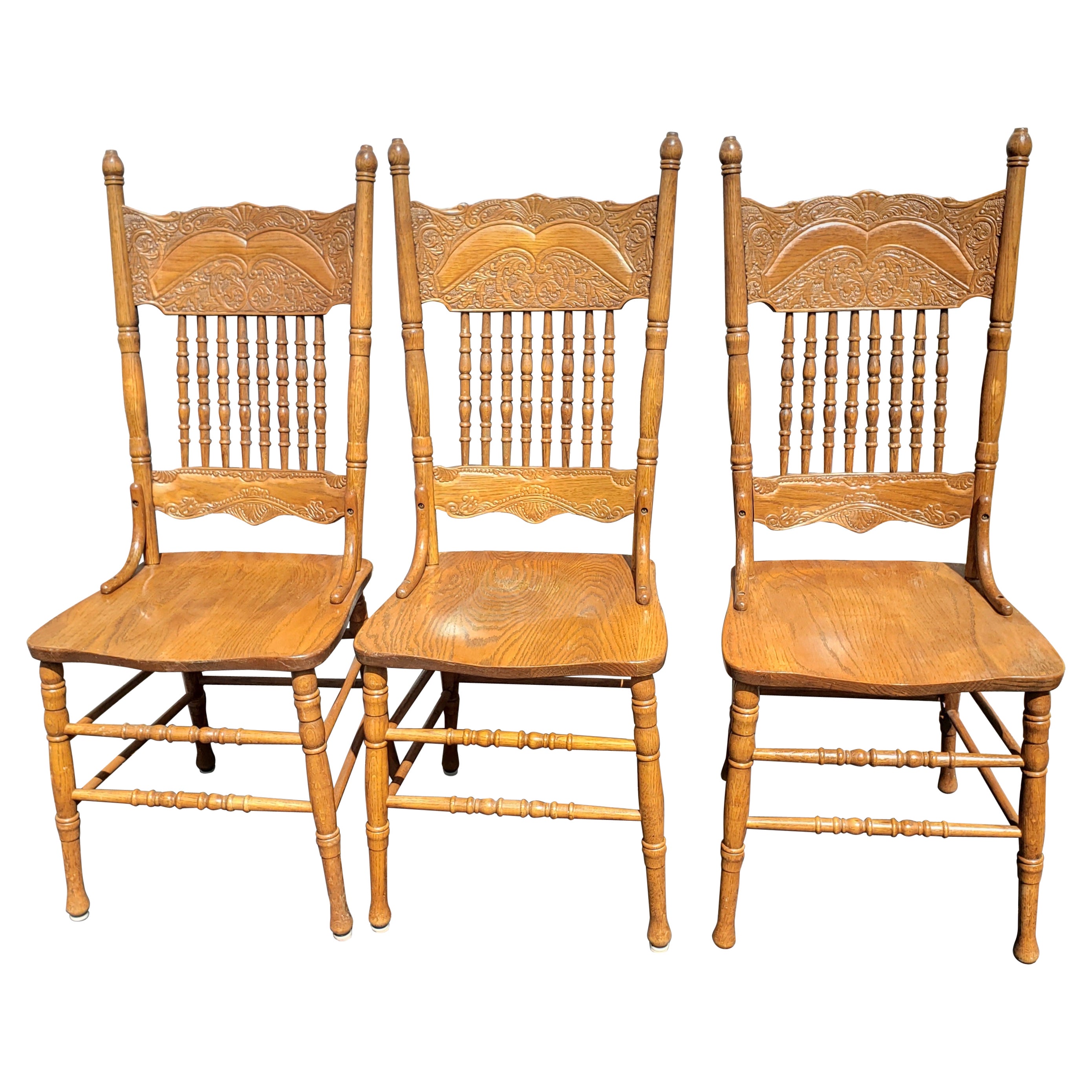 Set of 3 Vintage Amish Oak Country Pressed Back Spindle Chairs