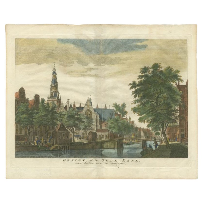 Antique Print of the 'Oude Kerk' in Amsterdam by Van Liender, c.1760 For Sale