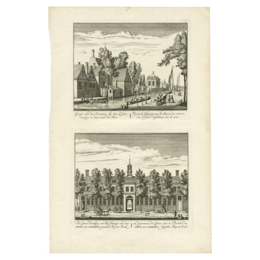 Seltener antiker Druck des „Overtoom“ und einer Baumwollfabrik, 1730 im Angebot