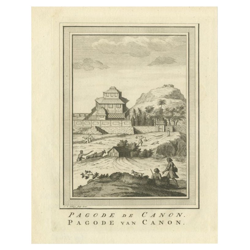 Antiker Druck der Pagode von Kannon von Van Schley, 1758