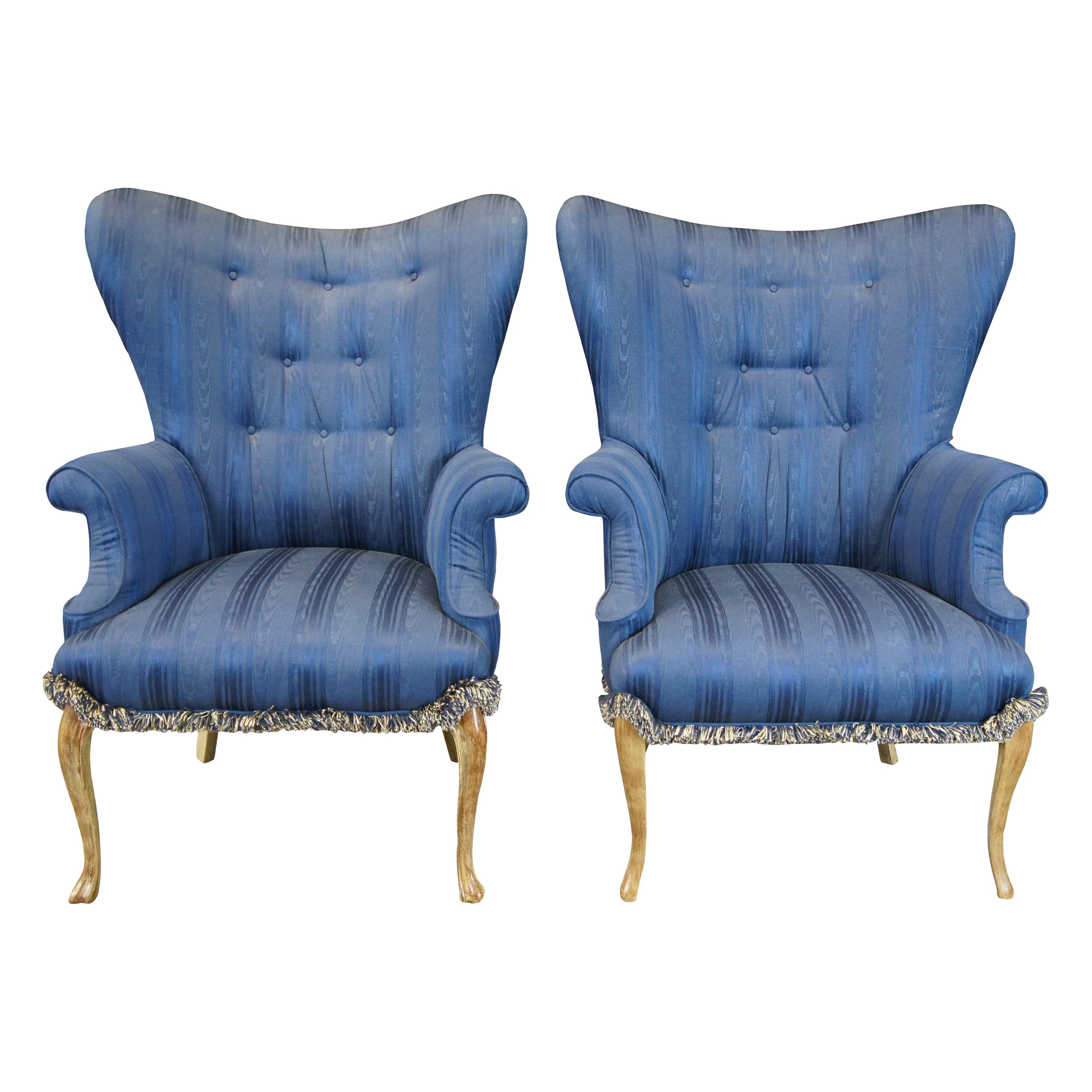 2 Vintage French Provincial Striped Blue Tufted Serpentine Wingback Arm Chair