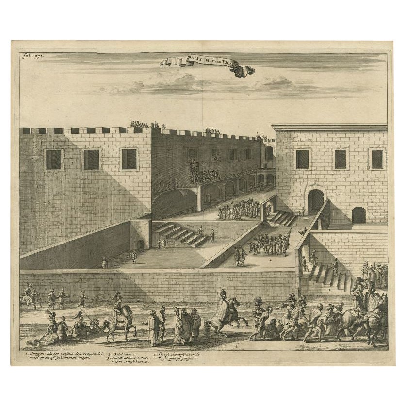 Antique Print of the Palace of Pontius Pilatus in Jerusalem, 1677