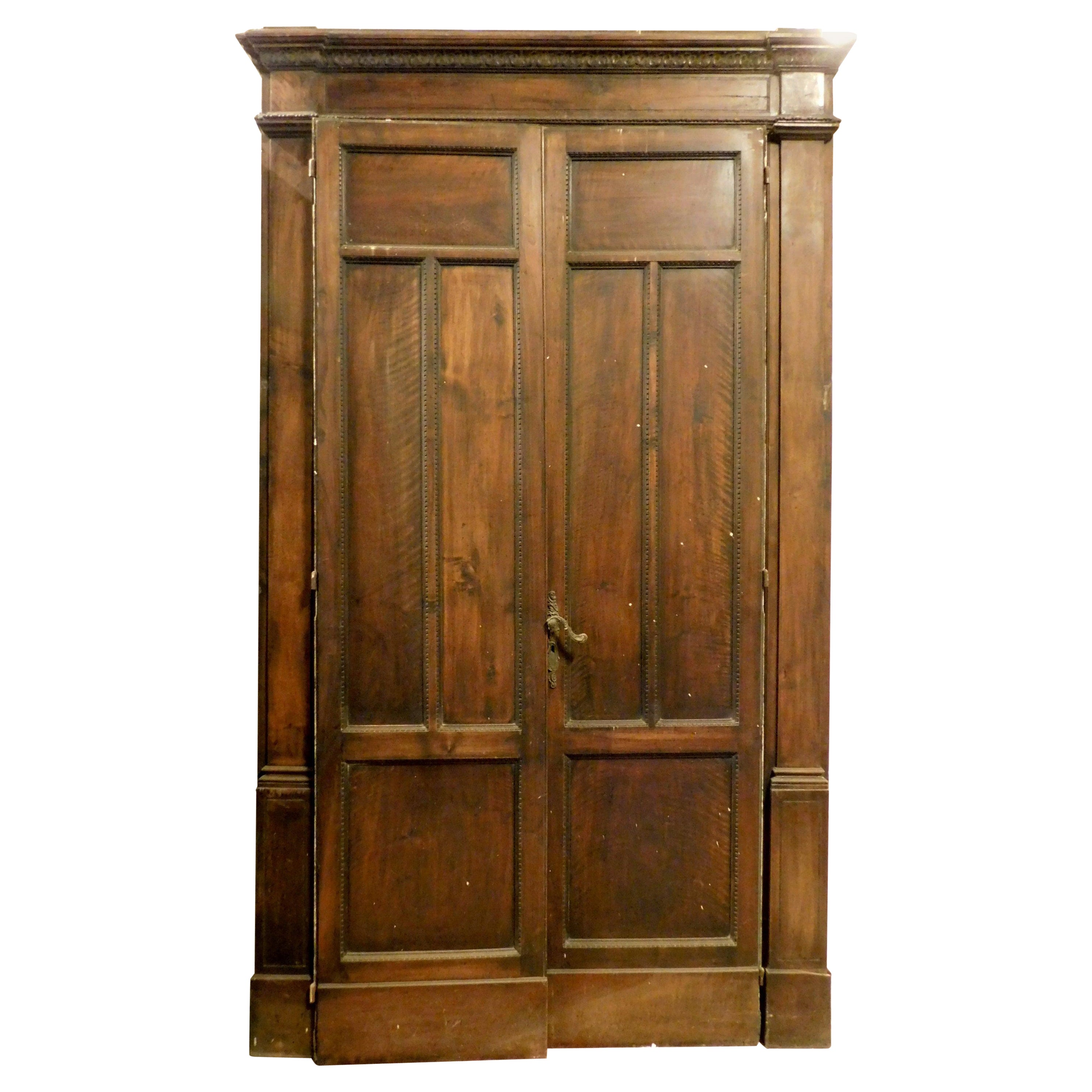 Antique Double Door Carved in Walnut Complete with Frame, Early 1900s, Italy For Sale