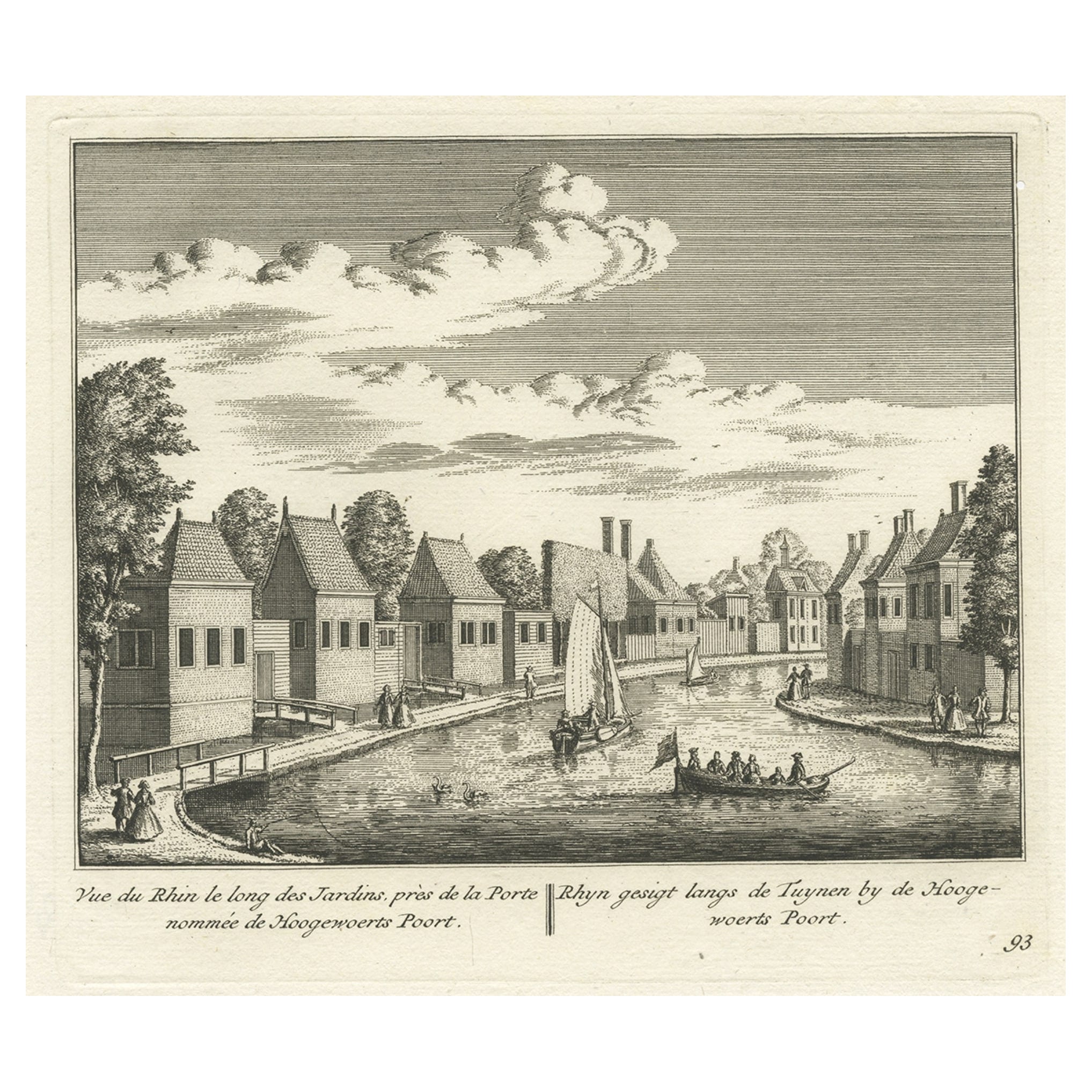 Impression ancienne du fleuve Rhin, Leiden, Pays-Bas, vers 1800