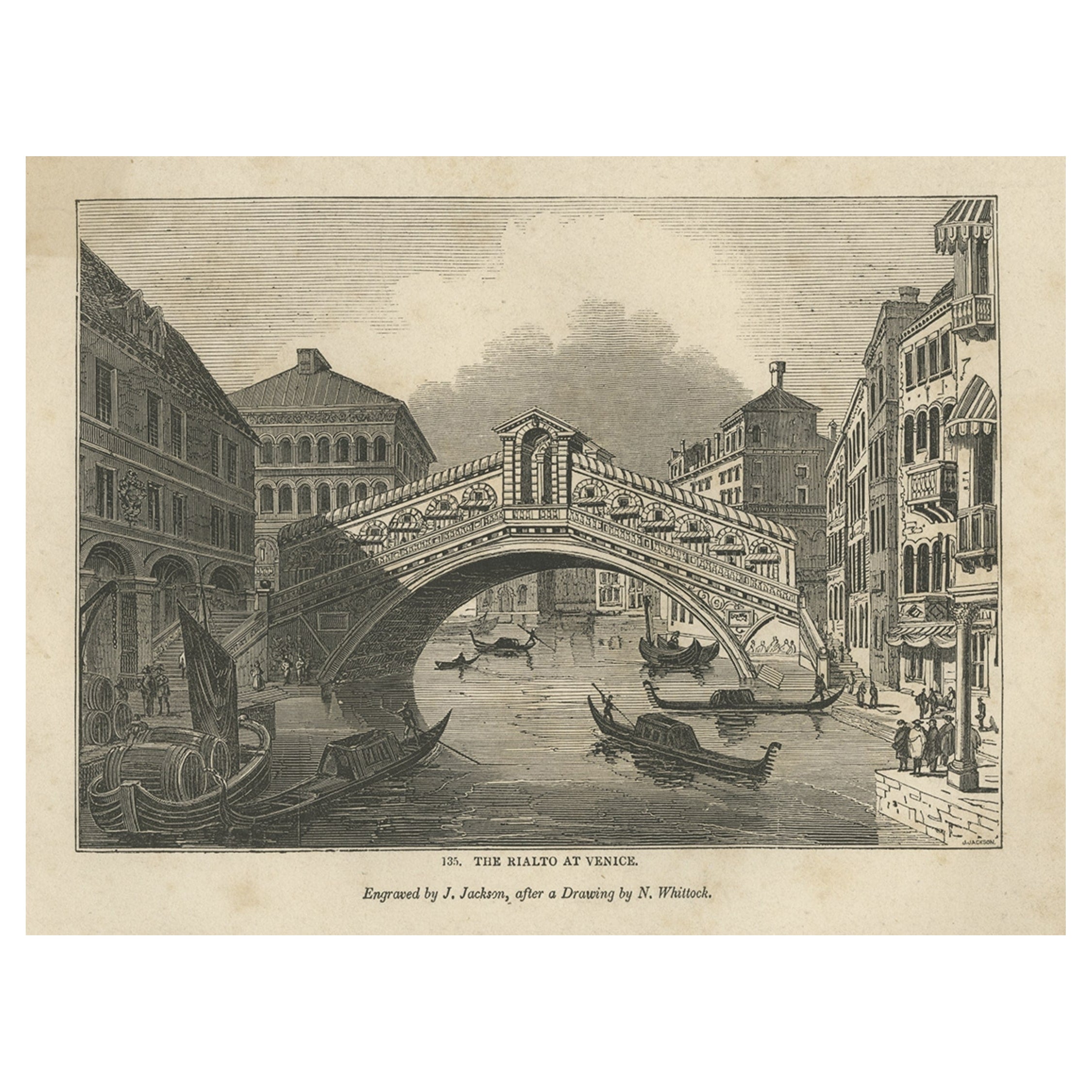 Antique Print of the Rialto Bridge in Venice in Italy, 1835