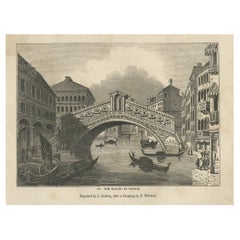Antique Print of the Rialto Bridge in Venice in Italy, 1835