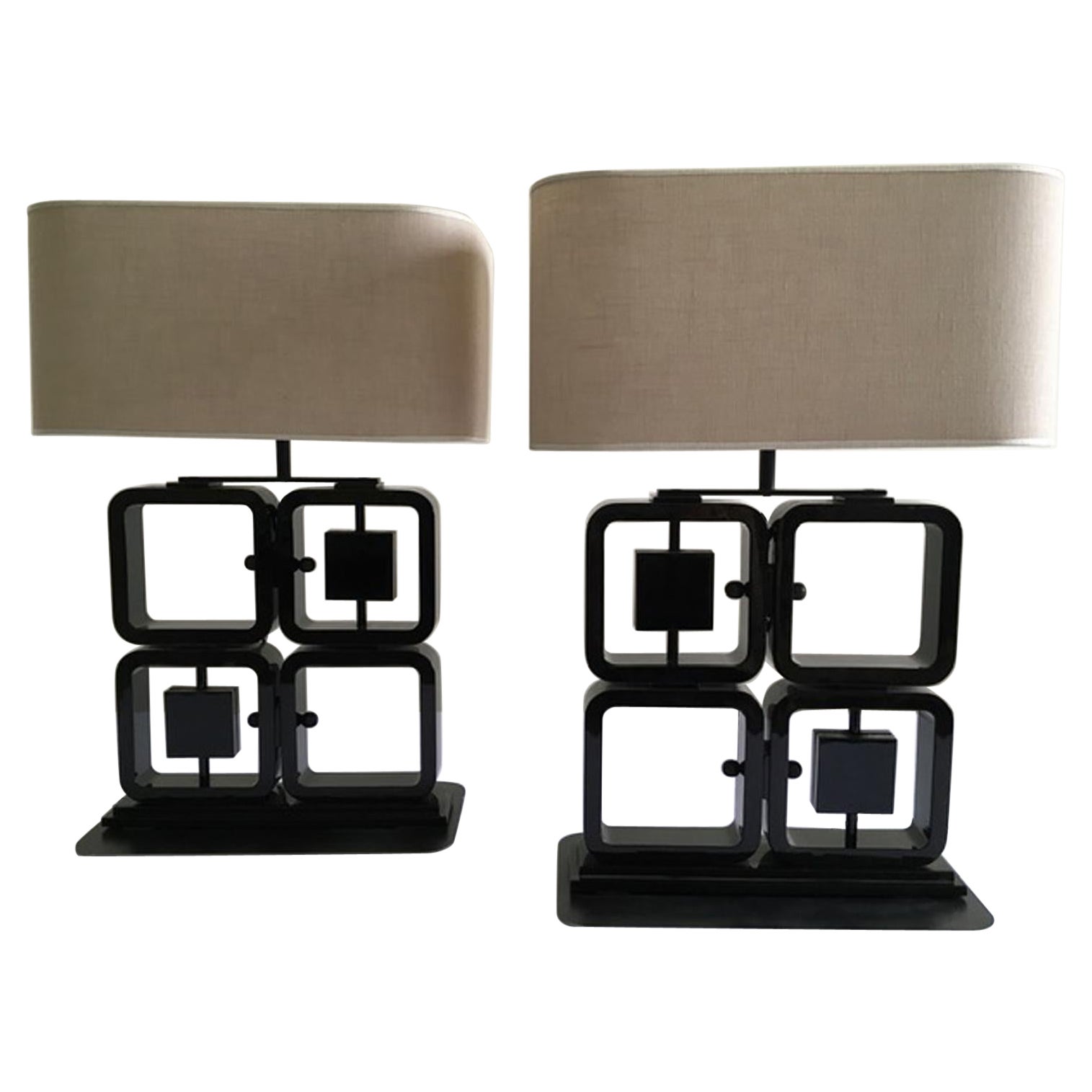 Italy  Post-Modern Design Pair Black Wooden Table Lamps 
