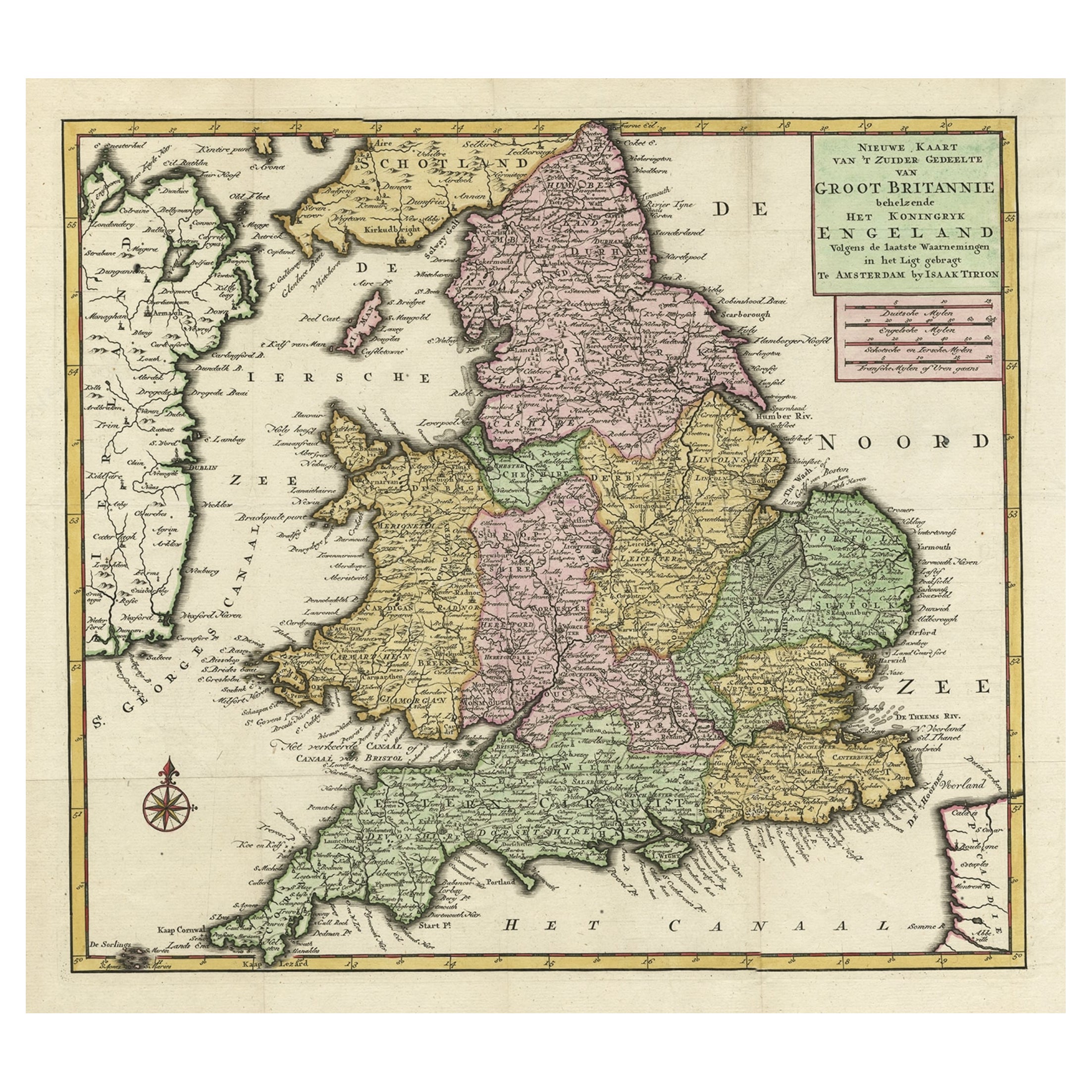 Carte ancienne de la partie sud de la Grande-Bretagne par Tirion, vers 1750 en vente