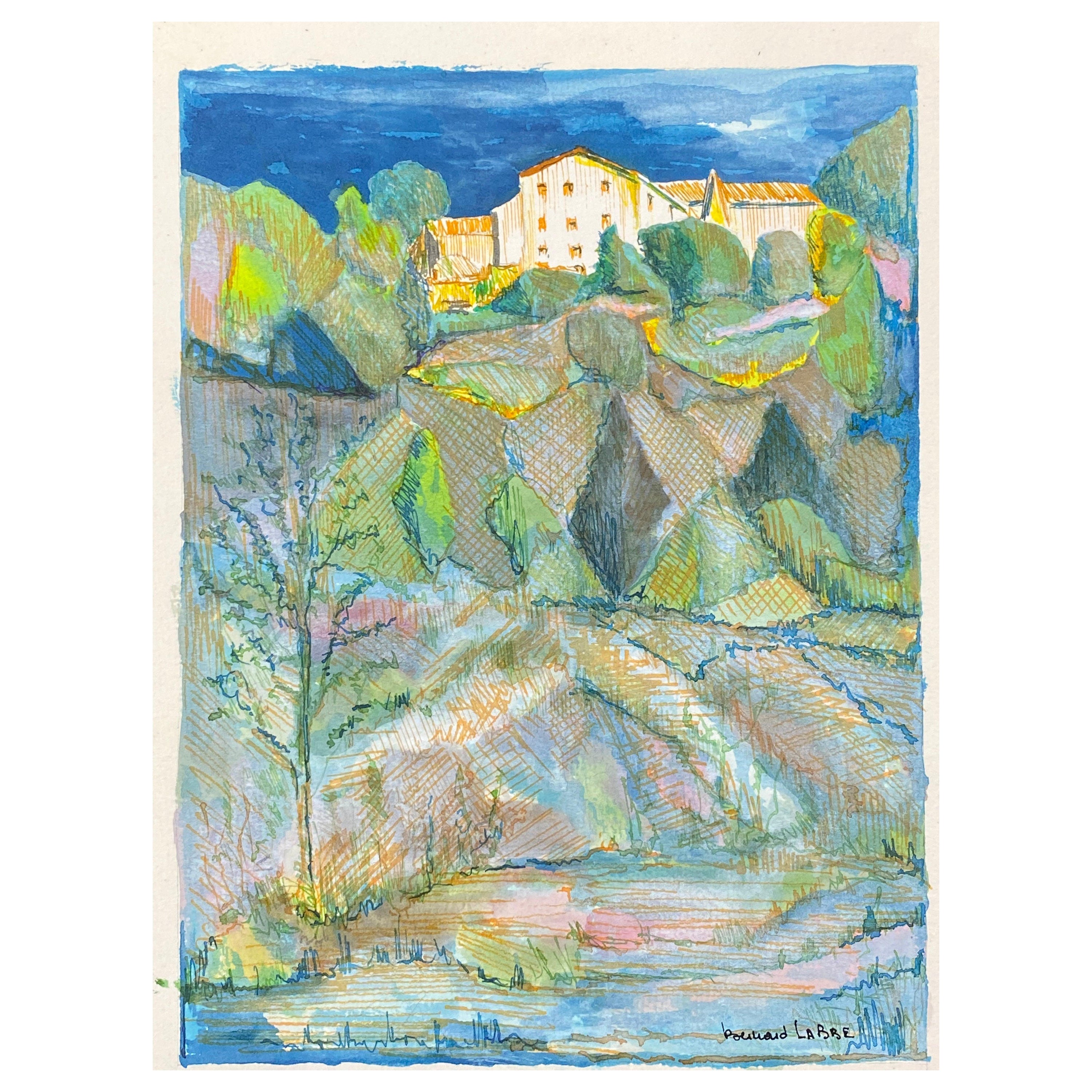 Peinture moderniste/ cubiste française des années 1950, signée, paysage français