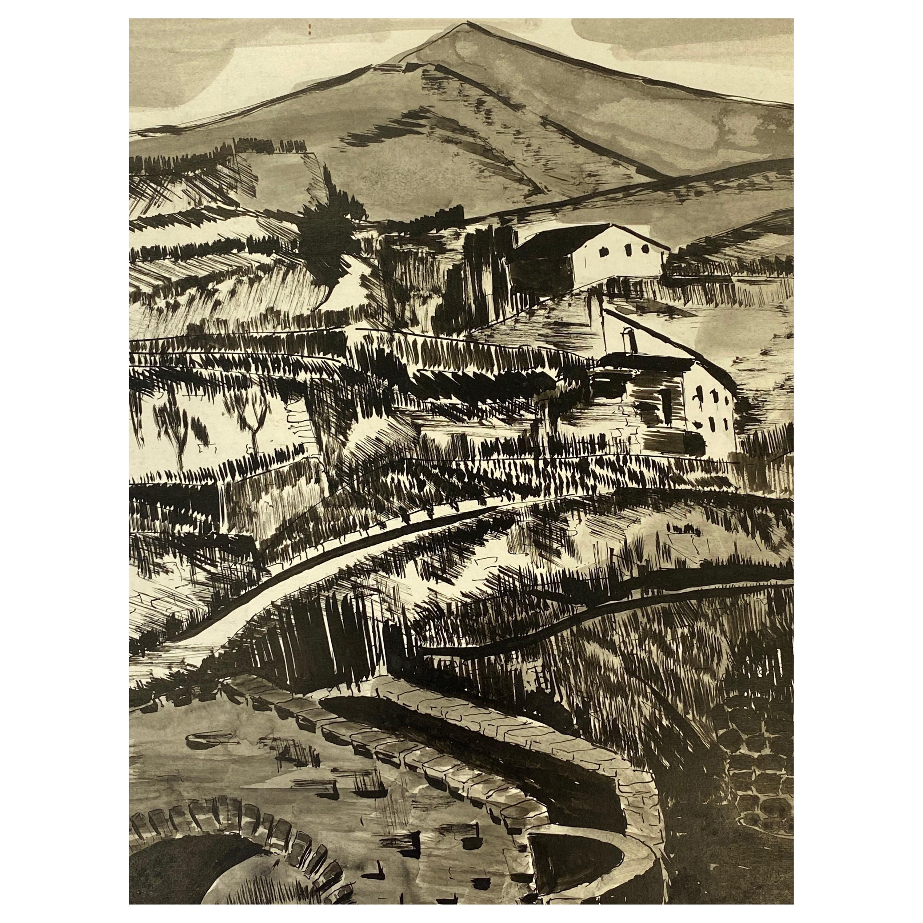 Peinture moderniste / cubiste française des années 1950 signée, paysage français en noir et blanc en vente