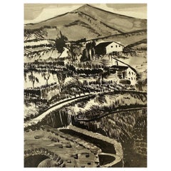 Peinture moderniste / cubiste française des années 1950 signée, paysage français en noir et blanc