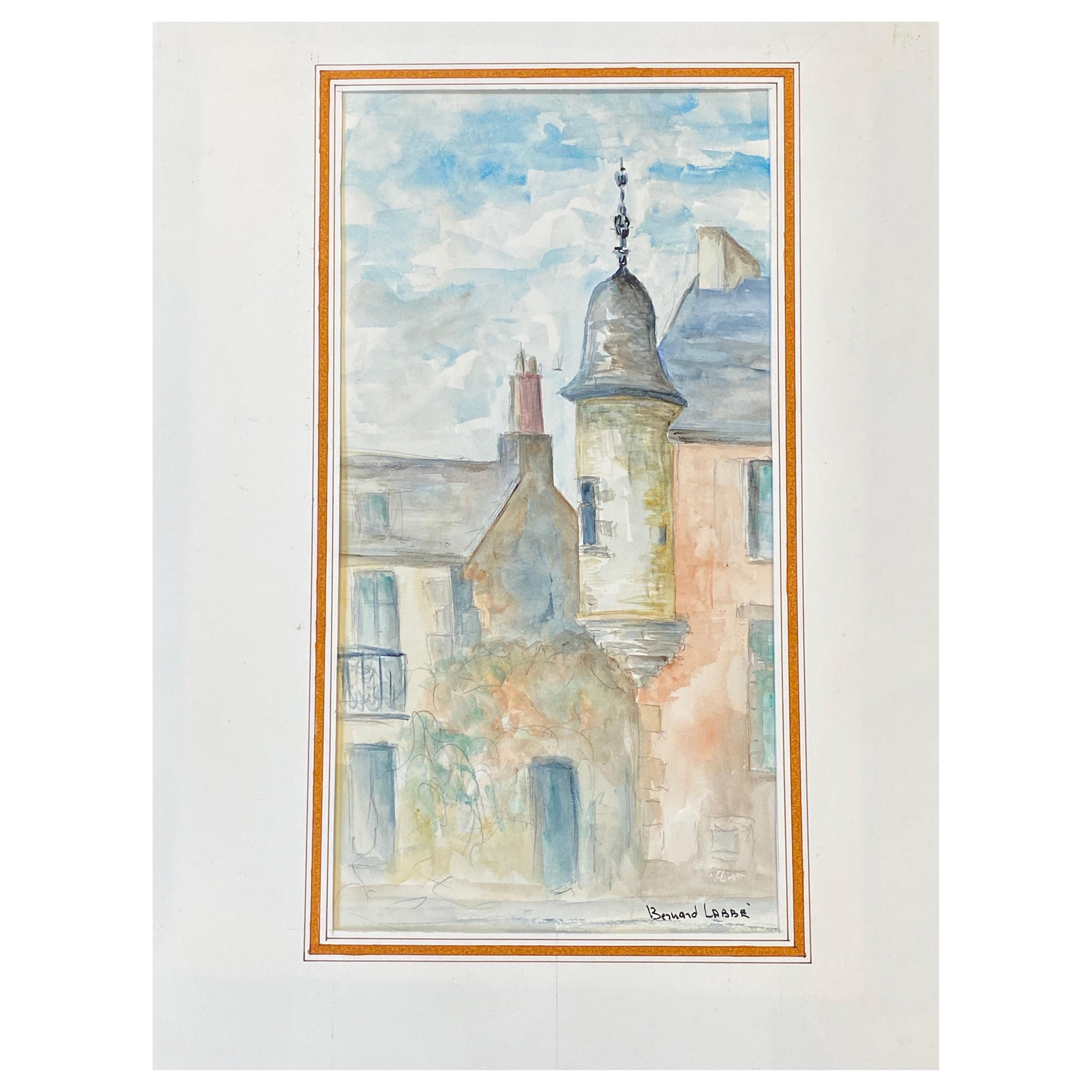 Französisches modernistisches/ kubistisches Gemälde der 1950er Jahre, signiert, helle Farben, französische Gebäude