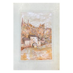 Peinture moderniste / cubiste française des années 1950 signée, paysage orange et rose