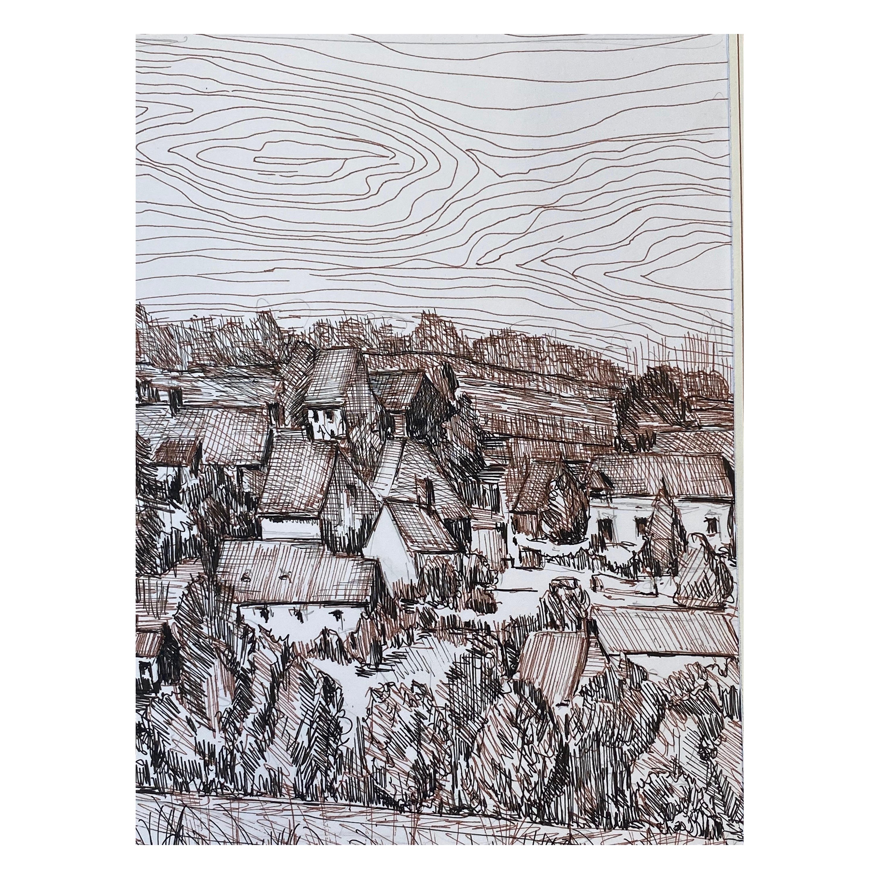 1950's French Modernist/ Cubist Painting Signed, Biro Drawing of French Town For Sale