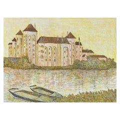 Pintura modernista/cubista francesa de 1950 firmada, Paisaje fluvial francés