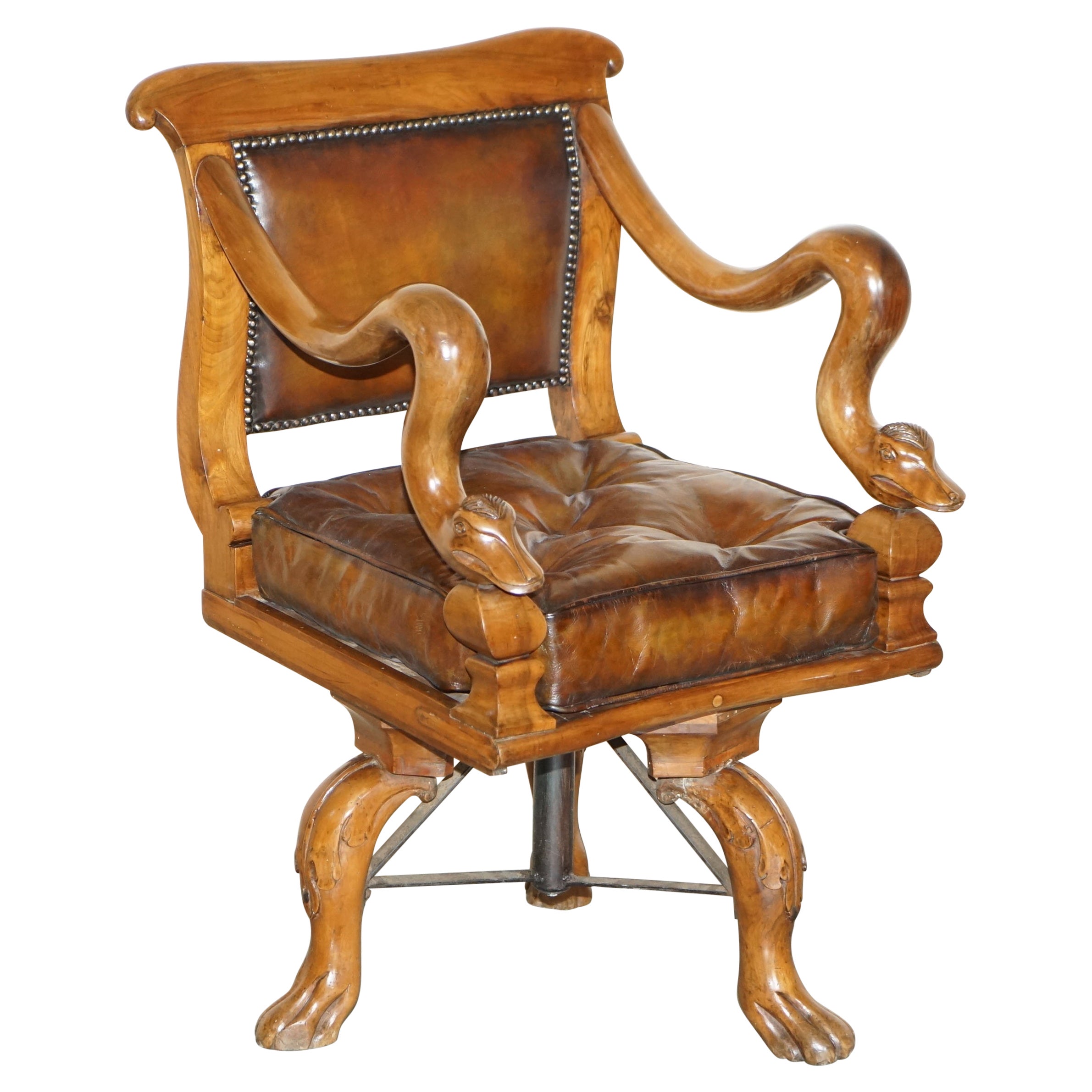 Antique Dolphin Arm Venetian Grotto Swivel Brown Leather Chesterfield Armchair For Sale
