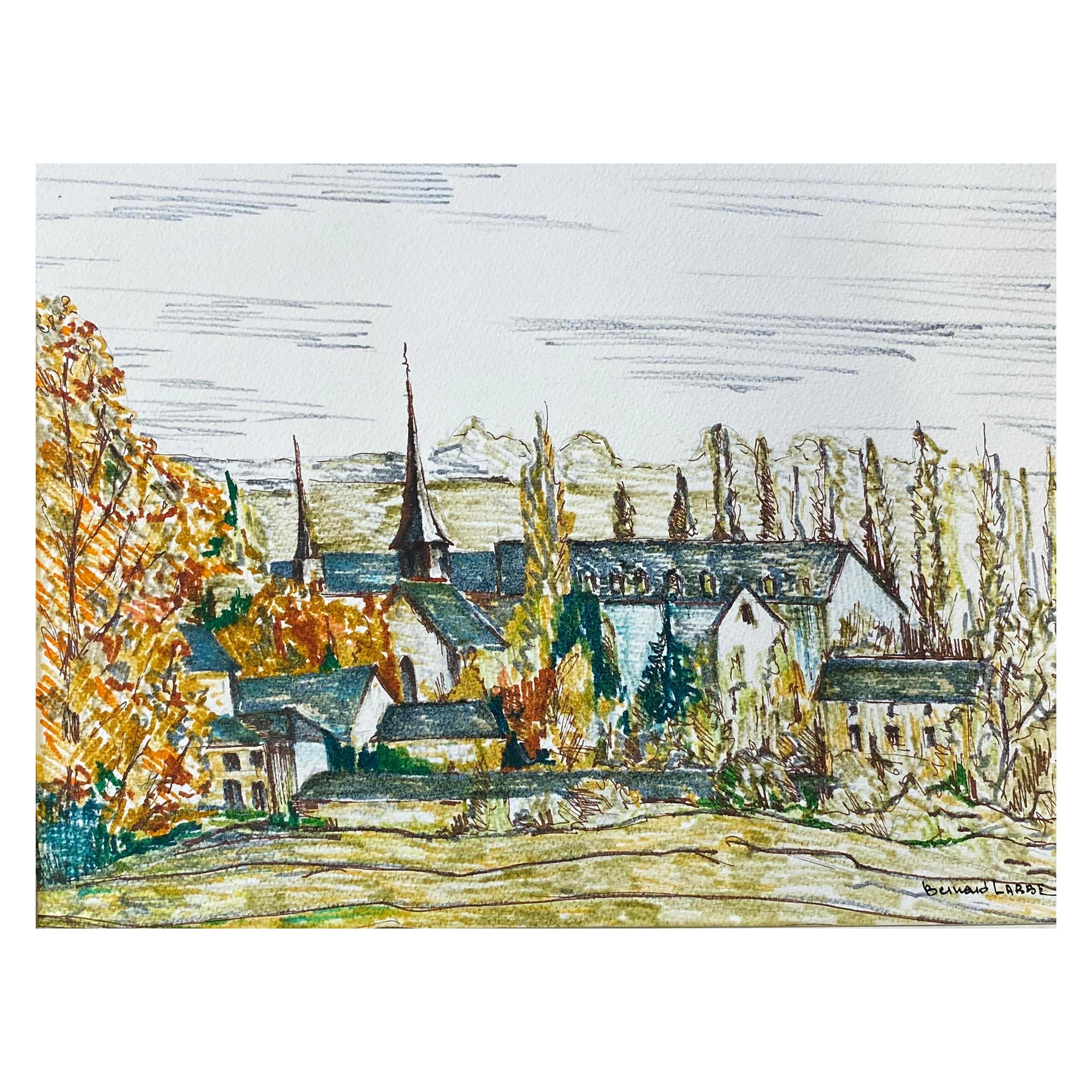 Peinture moderniste/ cubiste française des années 1950 signée, vue d'un village français vert