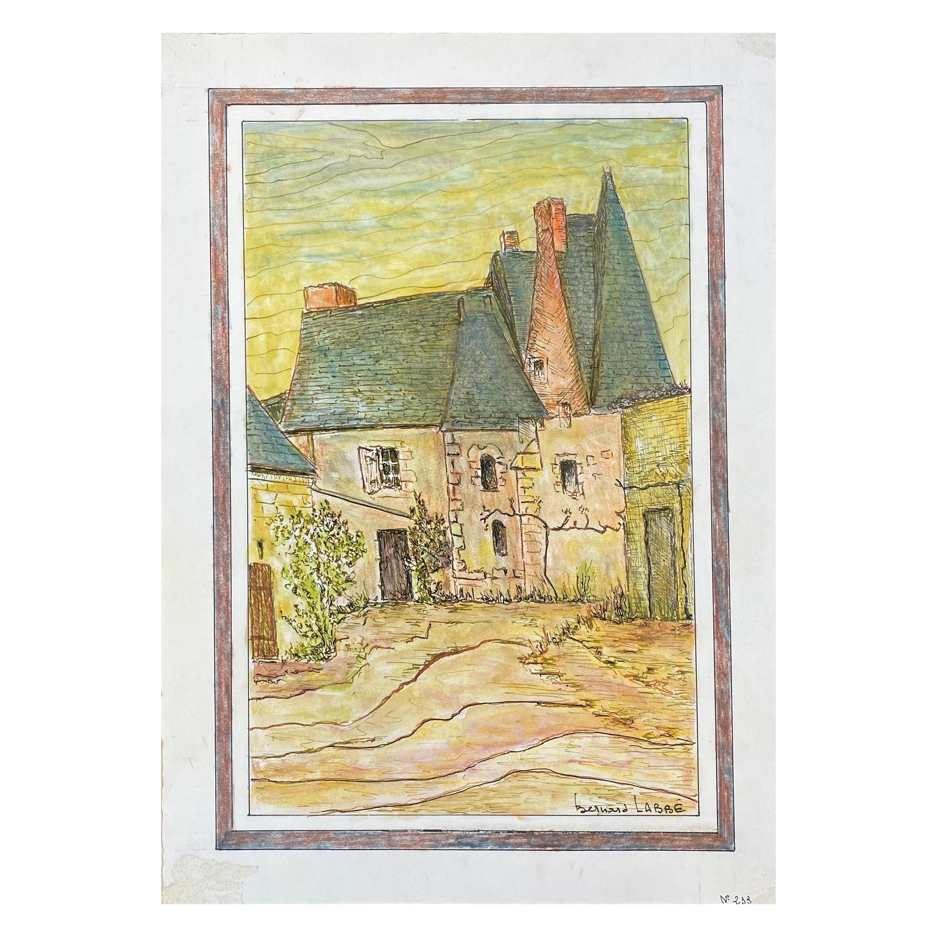 Pittura cubista/modernista francese degli anni '50 firmata, edificio francese d'epoca