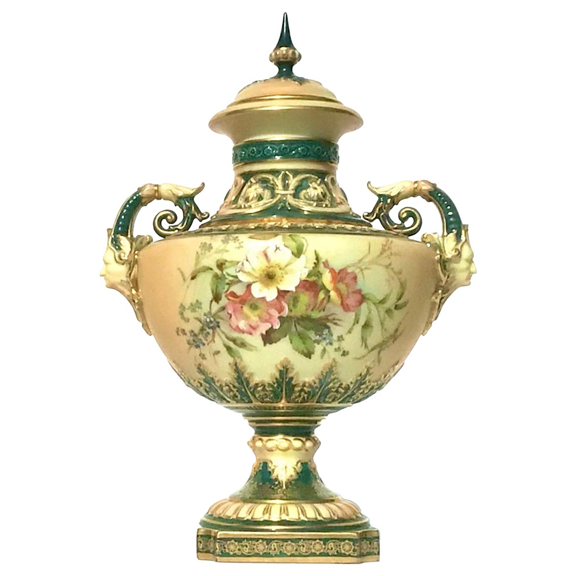 Beautiful Antique Royal Worcester Blush Ivory and Green Covered Vase