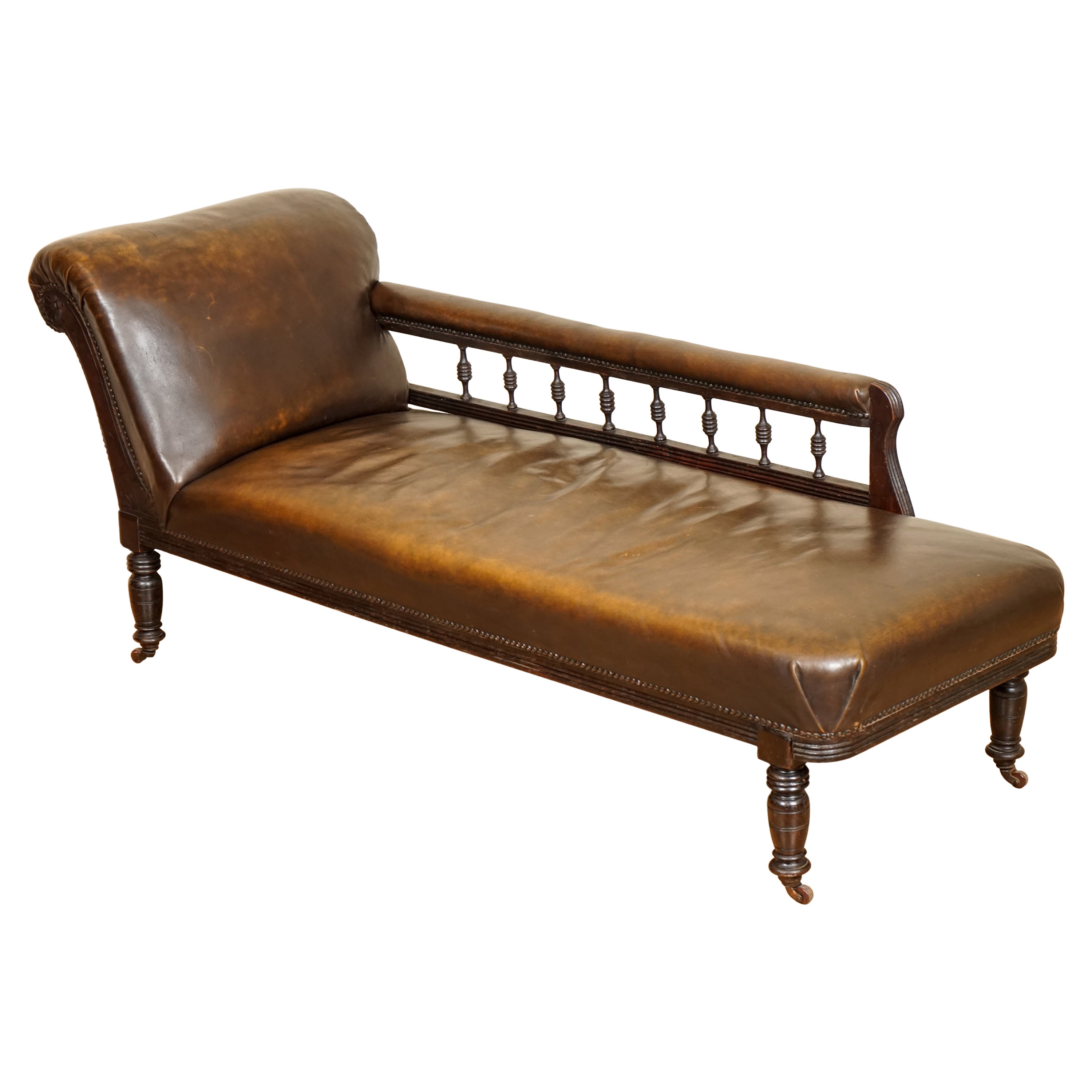 Antique Early Victorian Carved Leather Chaise Lounge Day Bed Regency