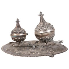 Retro 1950s Silver Tray with Two Containers for Storing and Burning Incense